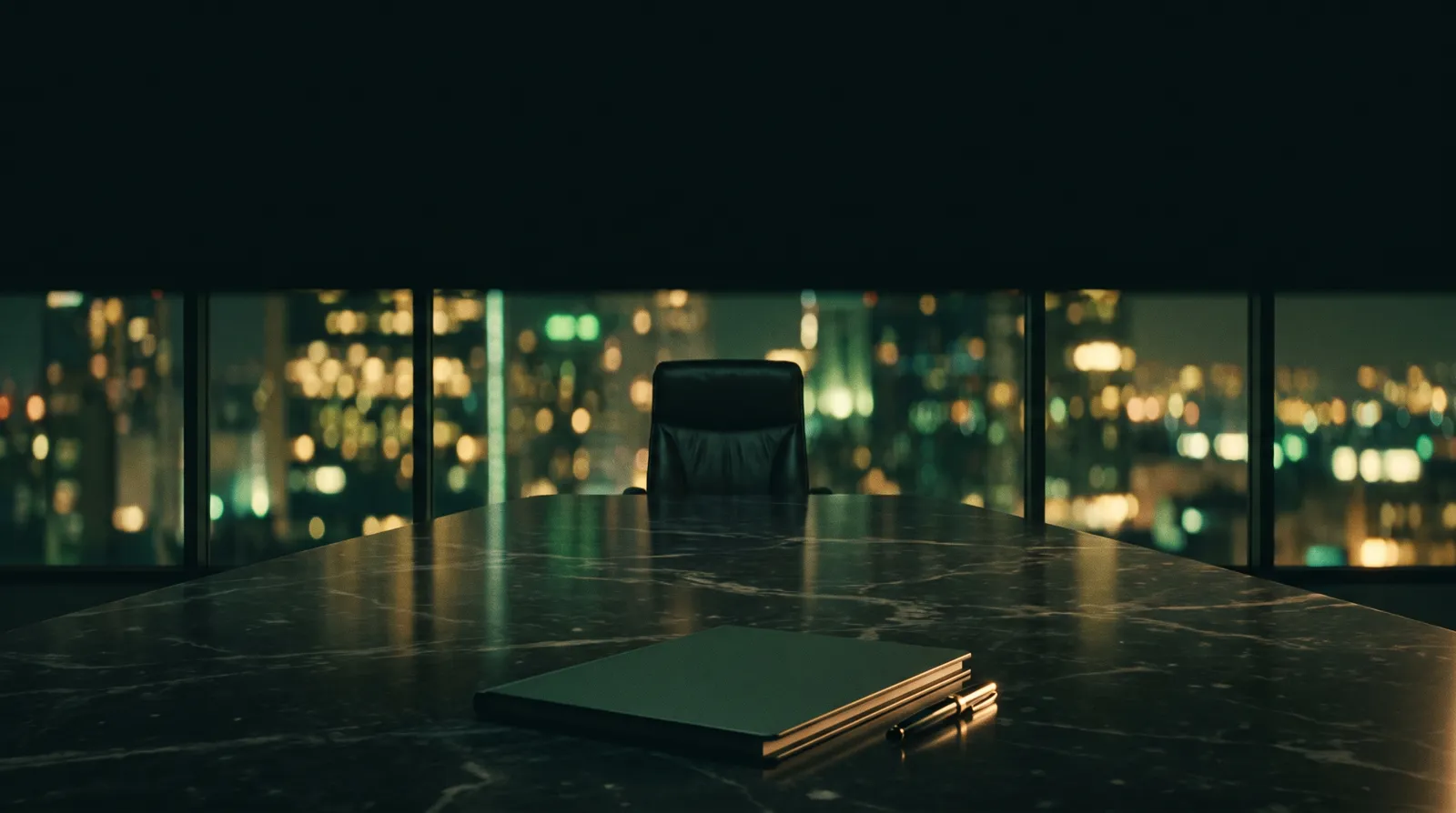 An empty chair at the head of a marble boardroom table, city lights beyond
