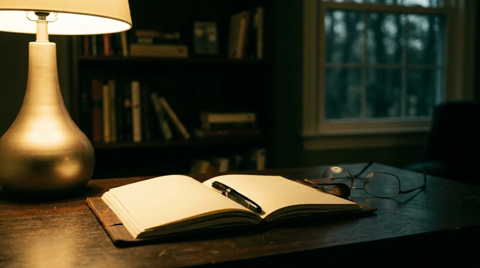 An open journal and fountain pen under warm lamplight