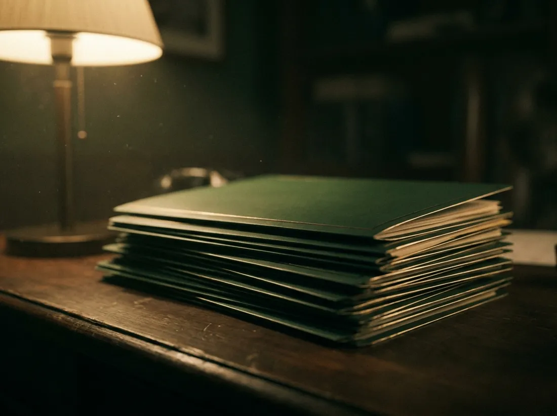 A stack of dossier folders under lamplight
